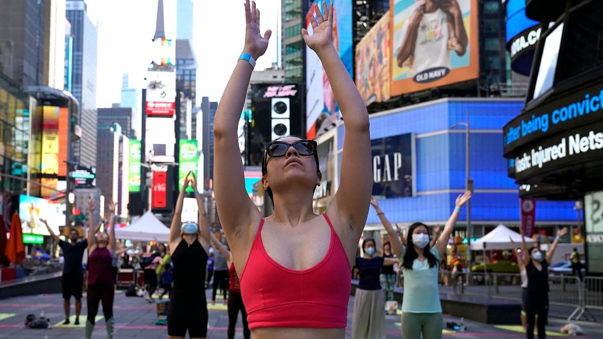 Like every year, the International Yoga Day was commemorated with much enthusiasm and fanfare at Times Square. Credit: AFP Photo