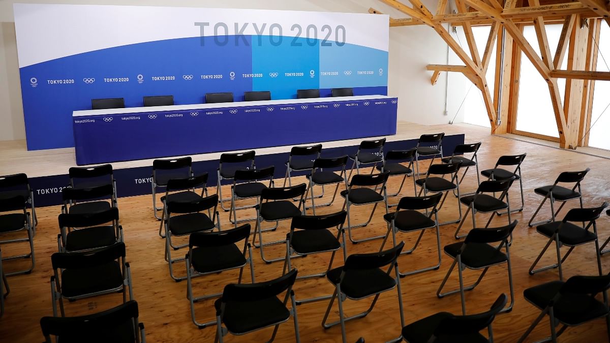 A view of the news conference room at the village plaza of the Tokyo 2020 Olympic and Paralympic Village in Tokyo, Japan.