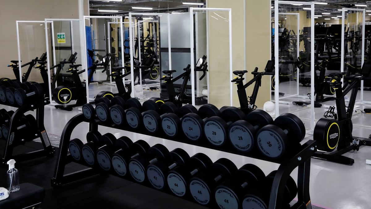 Partitions are installed at the fitness center at the multi-function complex of Tokyo 2020 Olympic and Paralympic Village in Tokyo, Japan.