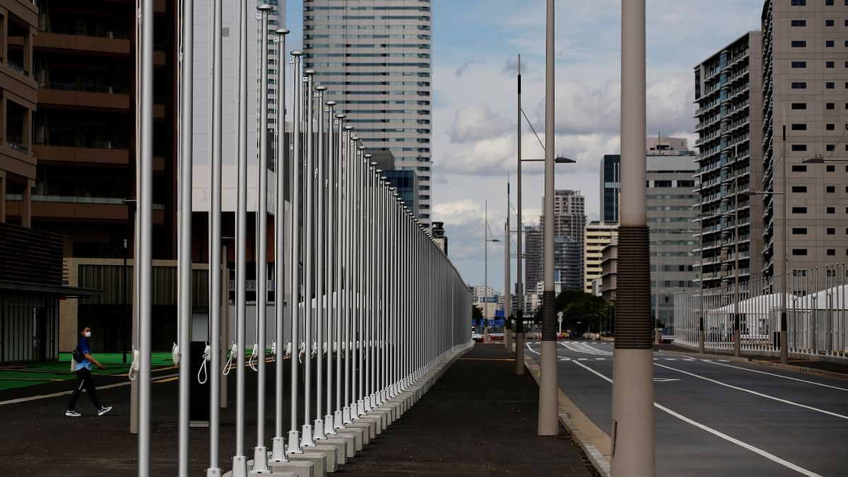 Flag poles at the Tokyo 2020 Olympic and Paralympic Village in Tokyo, Japan