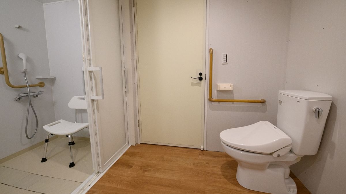 A bathroom in a residential unit for athletes at the Olympic and Paralympic Village for the Tokyo 2020 Games, in Tokyo.