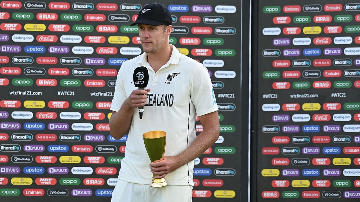 The towering Kyle Jamieson, named player of the match, followed his first-innings 5-31 by snaring India captain Virat Kohli again during a miserly 2-30 in 24 overs. Credit: AFP Photo