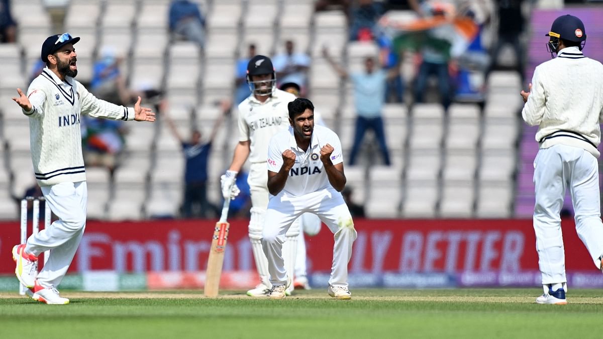 Off-spinner Ravichandran Ashwin reduced New Zealand to 44-2 by removing openers Tom Latham and Devon Conway to the delight of India fans. Credit: AFP Photo