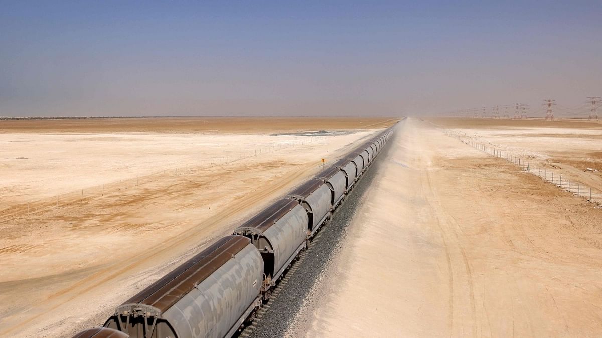 A picture taken on April 1, 2021 shows a train of the Etihad Rail network, in al-Mirfa, in the United Arab Emirates. Credit: AFP Photo