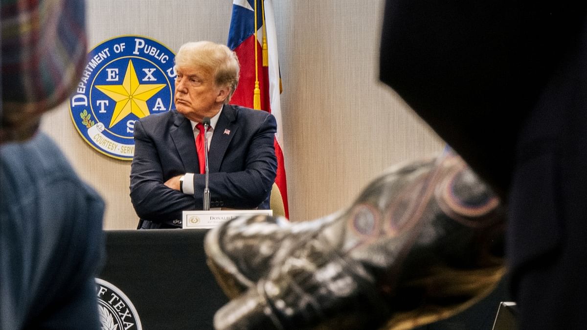 Former President Trump joins Texas Governor Abbott at Mexico border briefing in Weslaco, Texas. Credit: Reuters Photo
