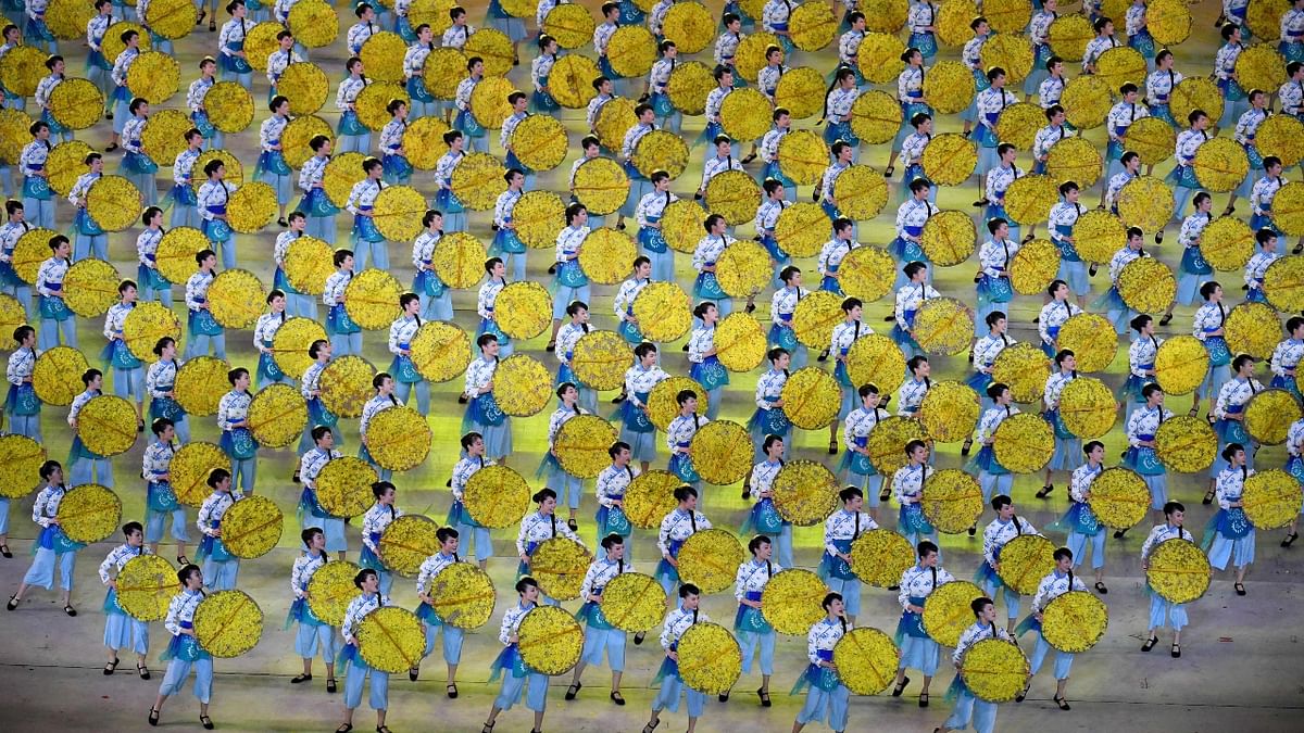 A Cultural Performance as part of the celebration of the 100th Anniversary of the Founding of the Communist Party of China, at the Bird's nest national stadium in Beijing. Credit: AFP Photo