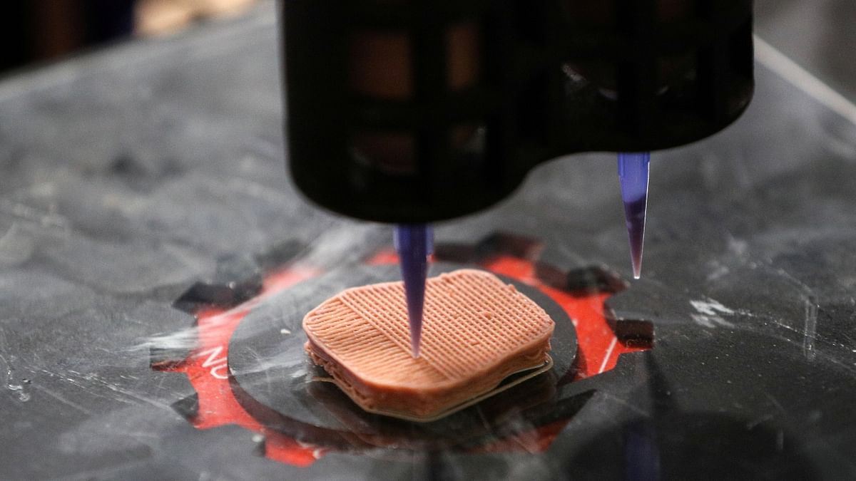 A piece of meat is printed with a 3D printer by Novameat during the Mobile World Congress (MWC) in Barcelona, Spain. Credit: Reuters Photo