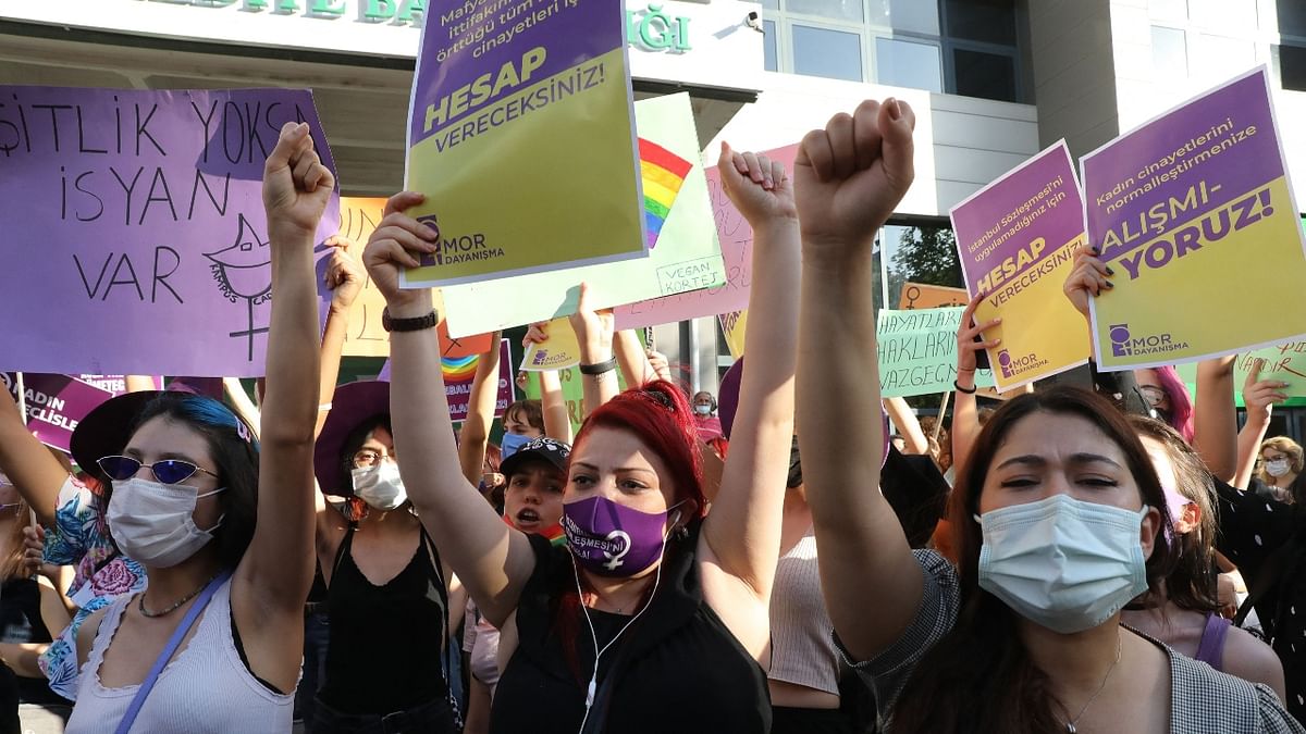 Protests seen at several places in Turkey after it formally withdrew from a landmark international treaty protecting women from violence, and signed in its own city of Istanbul on July 1, 2021. Credit: AFP Photo