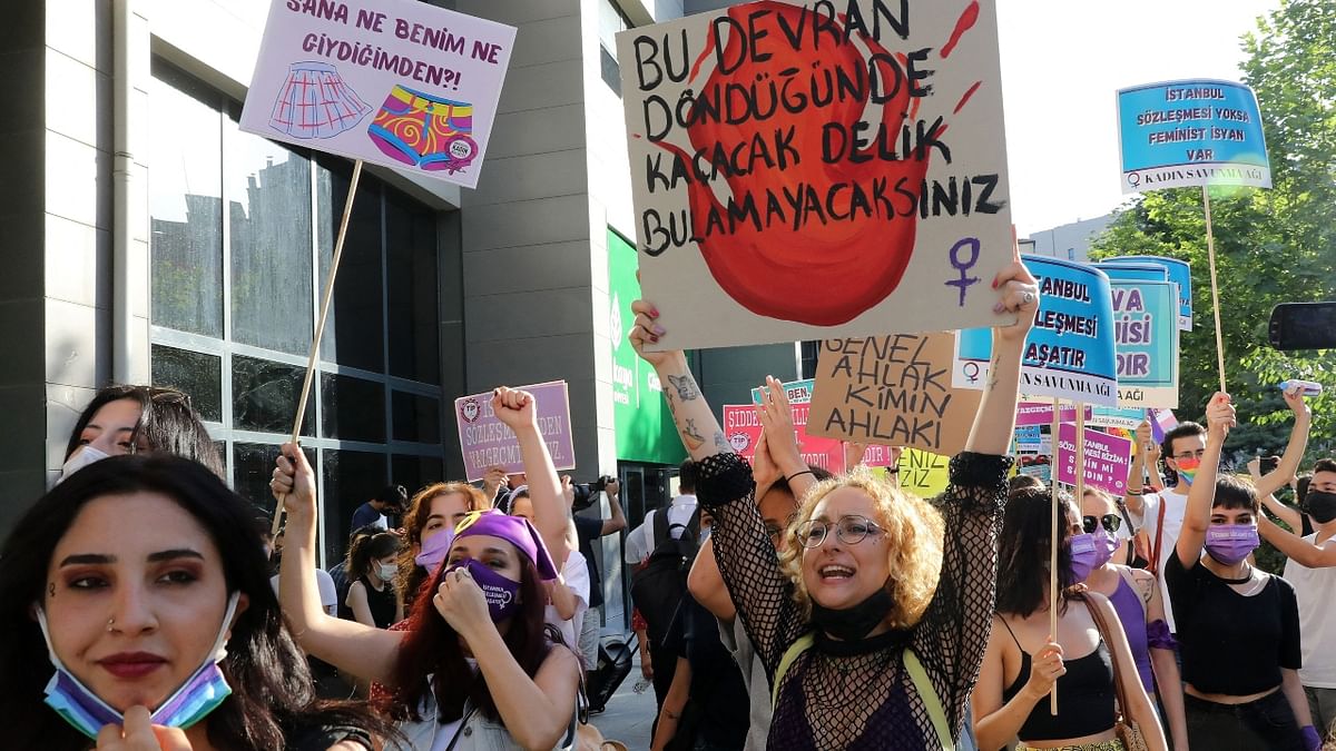 Protesters held colorful banners, feminist and rainbow flags, played music, whistled, and shouted slogans. Credit: AFP Photo