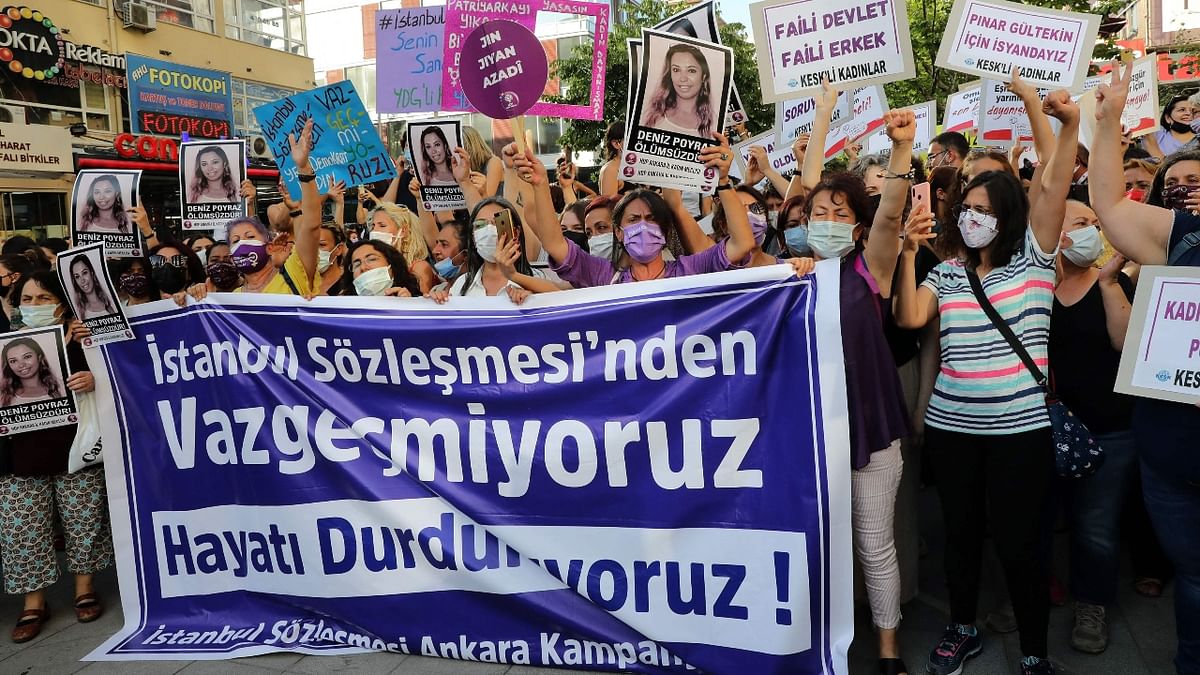 Hundreds of women demonstrated in Istanbul, holding banners that said they won't give up on the Council of Europe's Istanbul Convention. “It's not over for us,” one read. Similar protests were held in other Turkish cities. Credit: AFP Photo