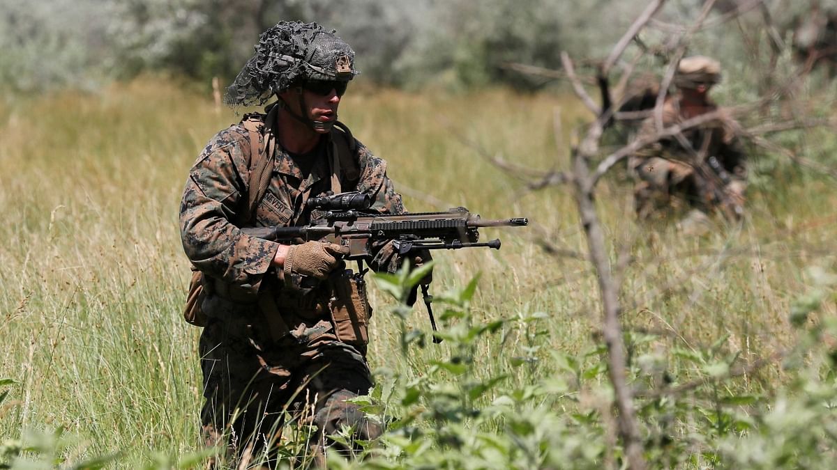 US marine takes part in a military exercises near Kherson, as Ukraine and the United States stage land military exercises involving more than 30 countries as part of multinational Sea Breeze 2021 drills, in southern Ukraine.