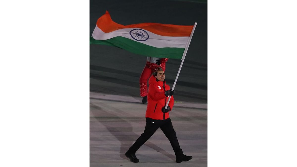 Six-time Olympian Shiva Keshavan carried the national flag at the opening ceremony of the PyeongChang 2018 Olympic Winter Games held in South Korea. Credit: Reuters Photo