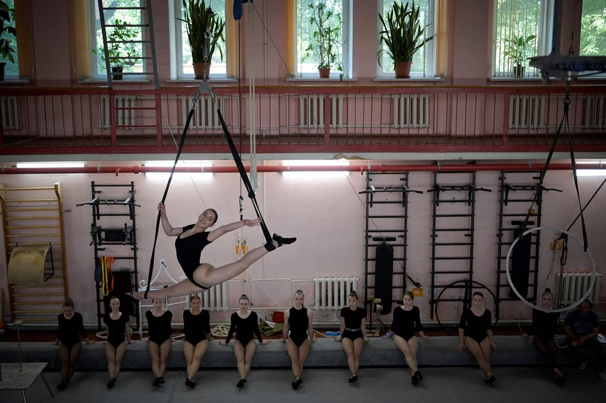An applicant performs in front of the jury for her admission exam at the circus college in Moscow. Credit: AFP Photo