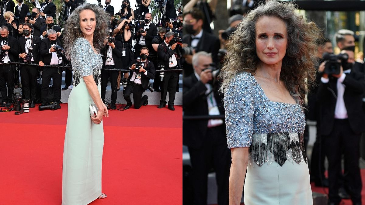 Actress Andie MacDowell arrived in a silver-grey dress with an embellished bodice and top-studded sequins. Credit: AFP Photo