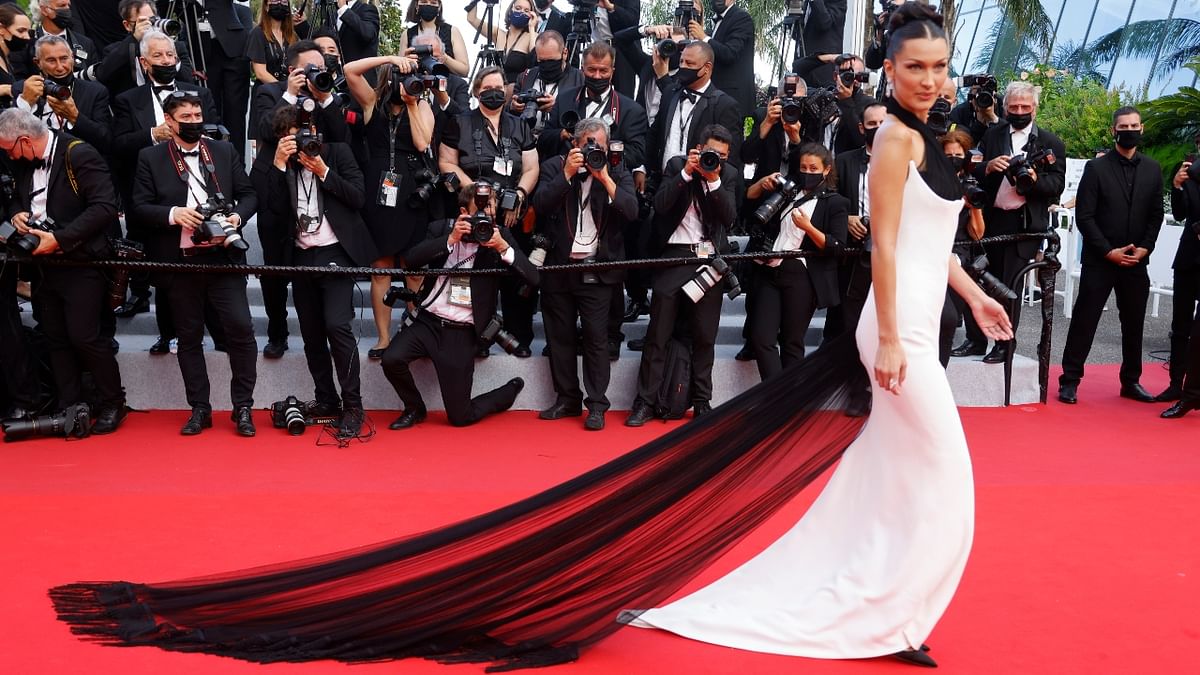 American supermodel Bella Hadid stunned all in a white vintage Jean Paul Gaultier gown with a black sheer veil. Credit: Reuters Photo