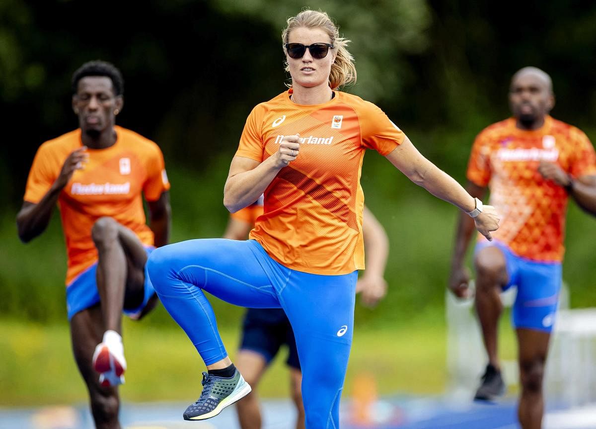 Dutch athlete Dafne Schippers warms up during a training session of the Dutch Olympic athletics team at the Sports Center Papendal in Arnhem, on July 8, 2021 as part of their preparations for the 2020 Tokyo Olympic Games. Credit: AFP Photo