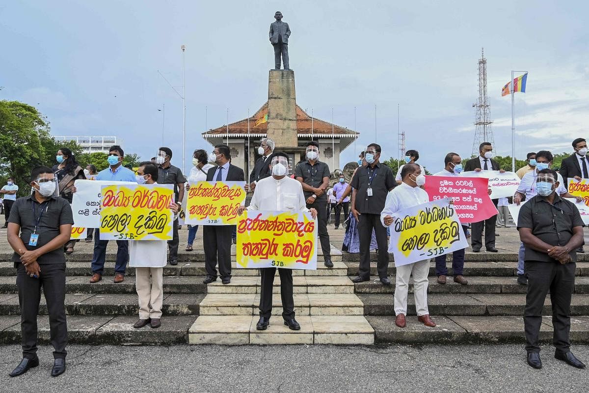 Sri Lanka's main opposition members of parliament stage a demonstration against a government crackdown on a spate of trade union and student protests against the administration of President Gotabaya Rajapaksa, at Colombo's Independence Square. Credit: AFP Photo