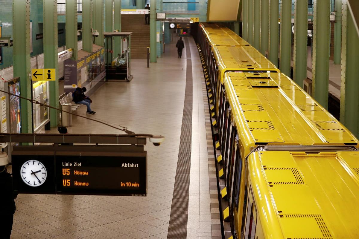 The empty platform of an U-Bahn underground train at Alexanderplatz station is pictured during Covid-19 outbreak in Berlin, Germany. Credit: AFP Photo