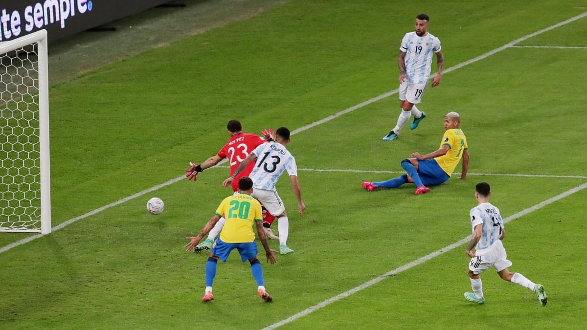 Argentina custodian Emiliano Martinez and his defence had some nerve-wracking moments, like shown in the picture when Richarlison equalised for Brazil, only to be considered offside later | Credit: Reuters Photo