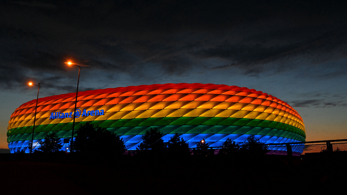 A view of the Allianz Arena, the stadium of Munich, lit in rainbow colors during the Christopher Street Day Pride Week in Munich, southern Germany. Credit: AFP Photo