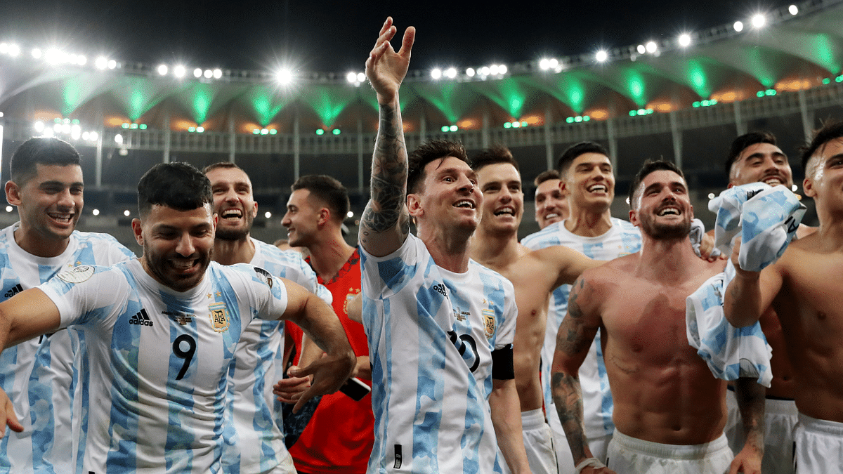 2021 Argentina's Lionel Messi celebrates with teammates after winning the Copa America. Credit: Reuters Photo