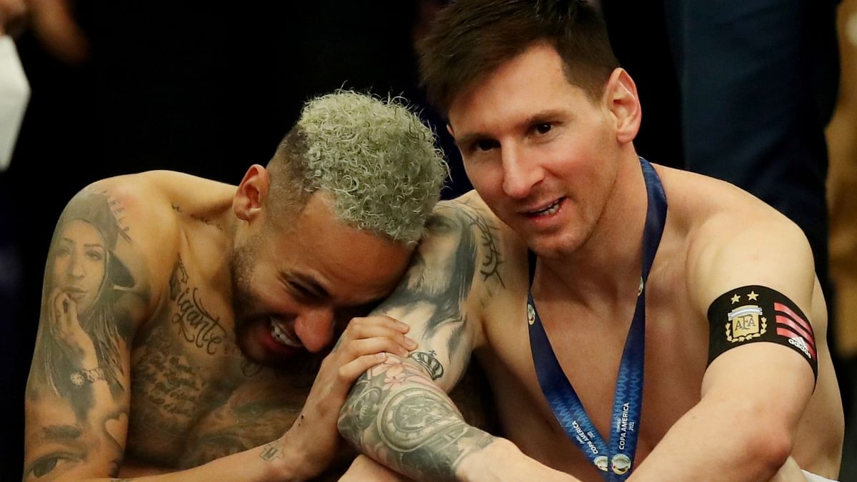 After the post-match presentation, football superstars Neymar and Messi were seen sharing sweet nothings. Credit: Reuters Photo
