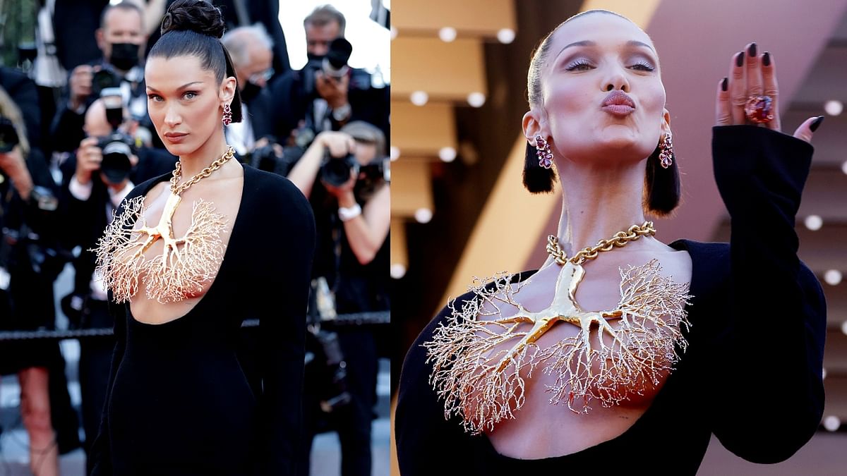 Bella Hadid wows in golden lung necklace with topless gown at Cannes Film Festival