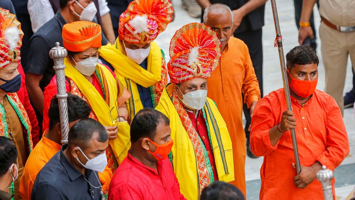 The Rath Yatra was carried out in the presence of Chief Minister Vijay Rupani and Deputy CM Nitin Patel on July 12, 2021. Credit: PTI Photo