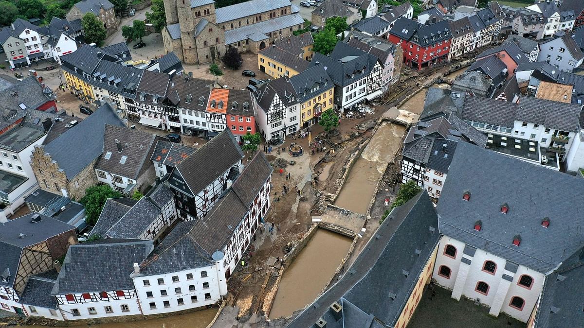 An aerial view shows the destruction in the pedestrian area of Bad Muenstereifel, western Germany, after heavy rain hit parts of the country causing widespread flooding. Credit: AFP Photo