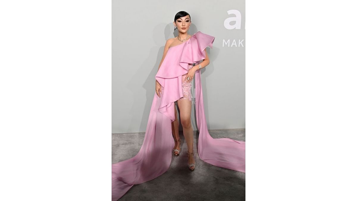 Fashion influencer Jessica Wang wore a pink designer ensemble. Credit: AFP Photo
