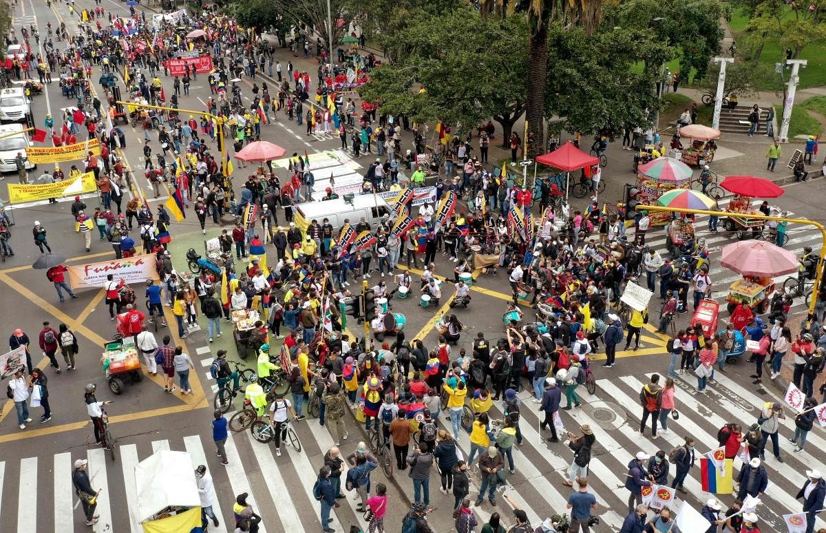 Aerial view of a protest against the government of Colombian President Ivan Duque during Independence Day at the National Park in Bogota. Credit: AFP Photo