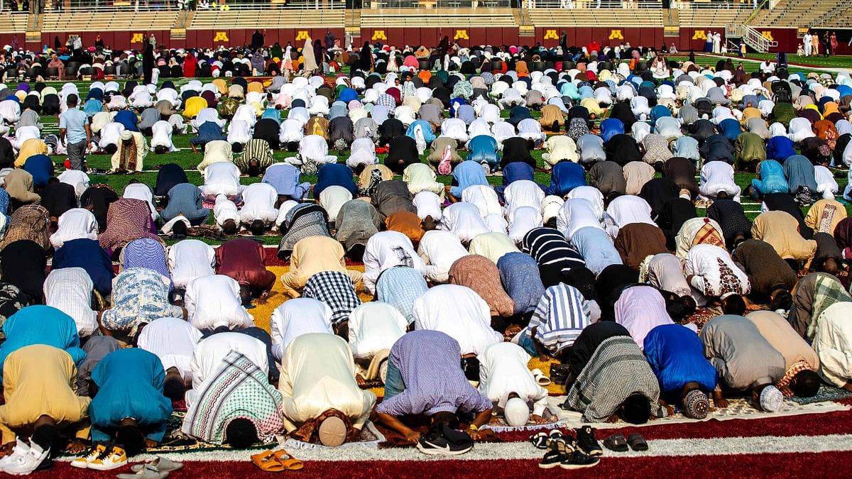 Muslims gather at the Huntington Bank Stadium during Eid al-Adha prayers and festivities in Minneapolis, Minnesota. Credit: AFP Photo