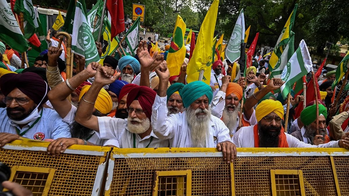 Farmers began their protests against the three farm laws that were passed by the Centre last year at Jantar Mantar in Delhi on July 22. Credit: AFP Photo
