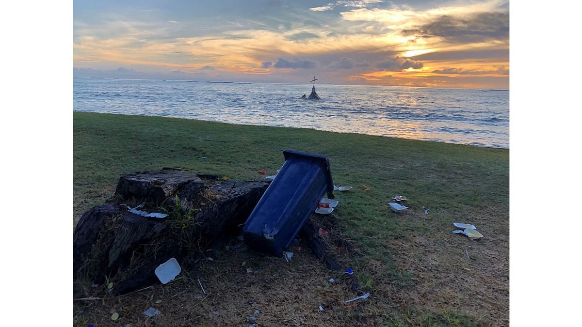 Morning spotlight at Anse Royale Church, Seychelles. Plastic waste can be found even in the most serene places. Here, it overshadows the beauty of the sunrise and the peacefulness symbolised by the cross. Photo by Sienna Goldstein (Seychelles)