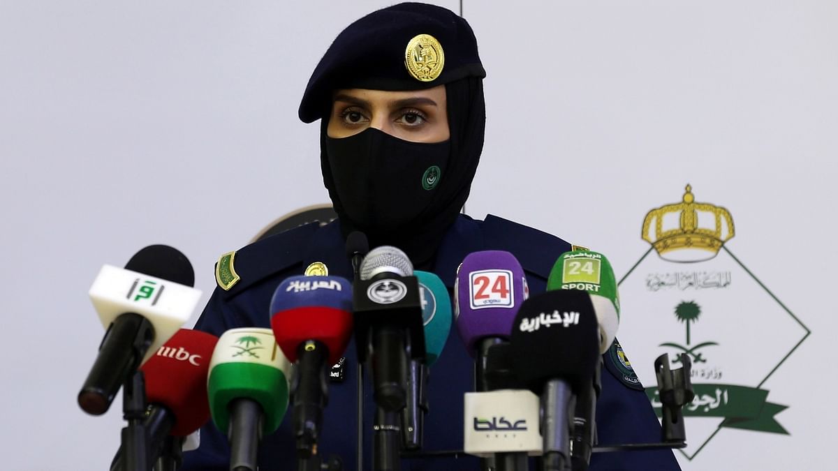 A female Saudi soldier Abeer Abdullah al-Rashed, speaks during a news conference of the head of the Haj security forces ahead of the annual Haj pilgrimage in Mecca, Saudi Arabia. Credit: Reuters Photo