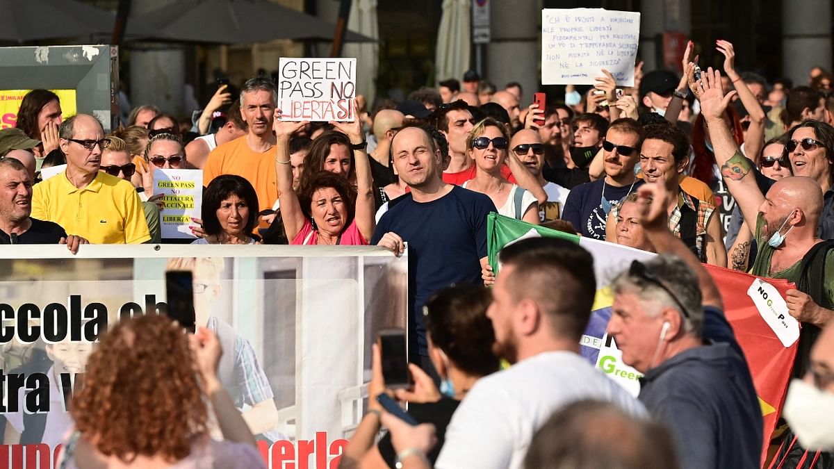 Thousands of people protested in cities across Italy against the government's introduction of restrictions on unvaccinated people as Rome tries to slow an upturn in Covid-19 infections. Credit: AFP Photo