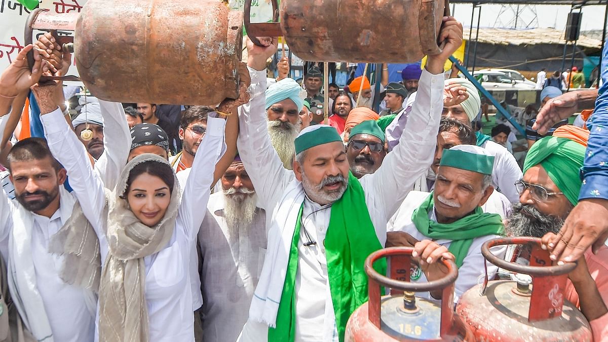 Earlier, she joined BKU leader Rakesh Tikait and other farmers during a protest against fuel price hike, at their agitation site in Ghazipur. Credit: PTI Photo