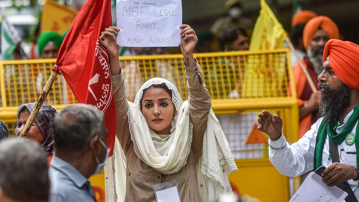 Model and actress Sonia Mann was the first celebrity to join the protest site. She was seen shouting slogans against the farm bills along with the hundreds of the protestors. Credit: PTI Photo