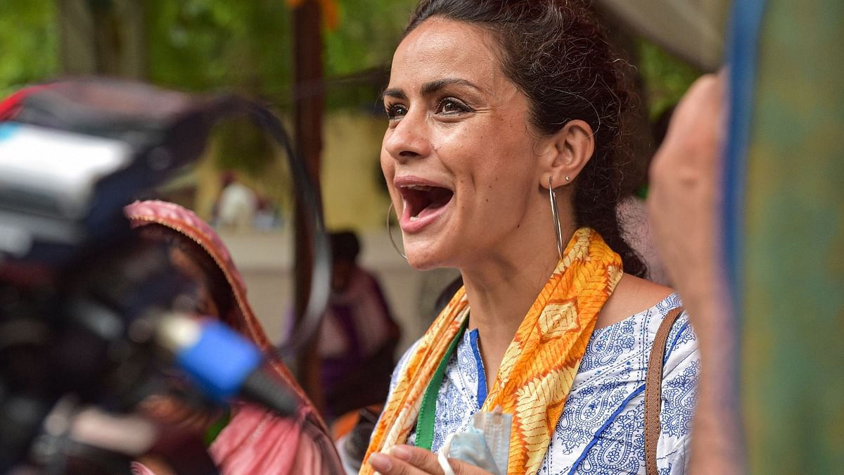 Bollywood actress Gul Panag was also seen staging a protest against Centre's farm reform laws at Jantar Mantar in New Delhi. Credit: PTI Photo