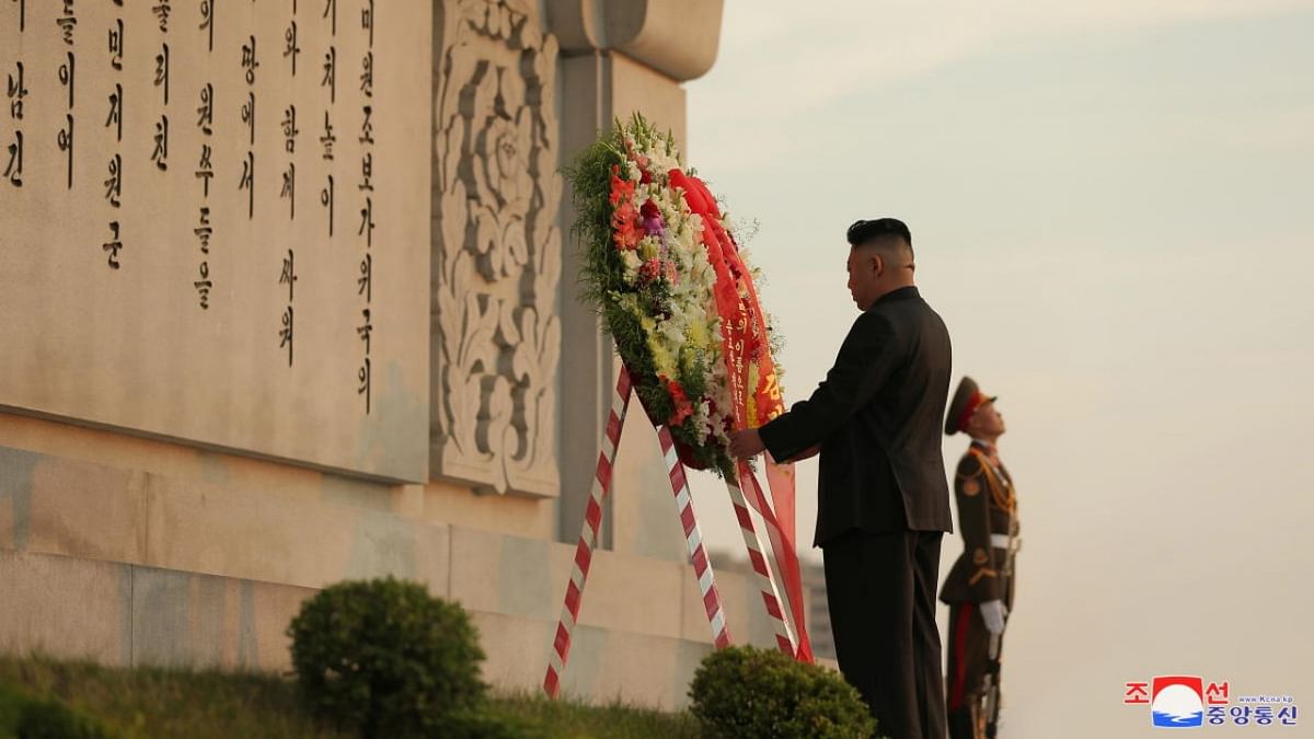 North Korea's leader Kim Jong Un lays a wreath at Friendship Tower on the occasion of the 68th anniversary of Korean War's armistice agreement in Pyongyang, North Korea in this July 28, 2021 image supplied by North Korea's Korean Central News Agency. Credit: Reuters photo/KCNA