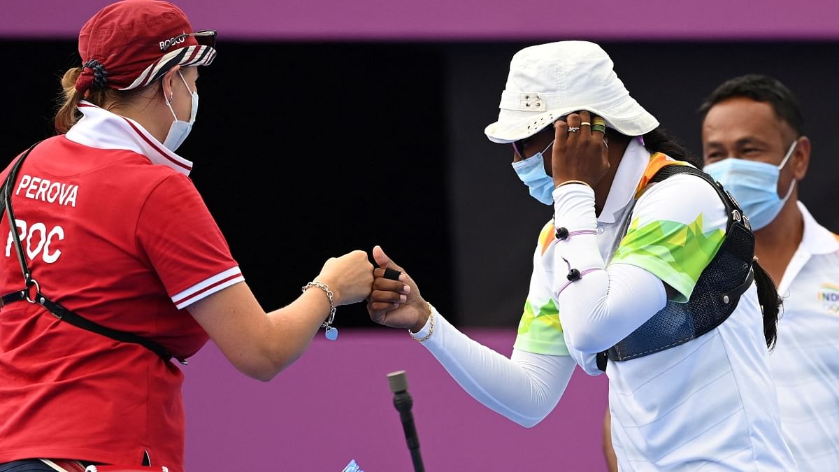 Earlier in her last-16 match, Deepika held her nerves to pip 2017 world champion Ksenia Perova of the Russian Olympic Committee in a thrilling one-arrow shoot-off to seal a 6-5 (10-7) win. Credit: AFP Photo