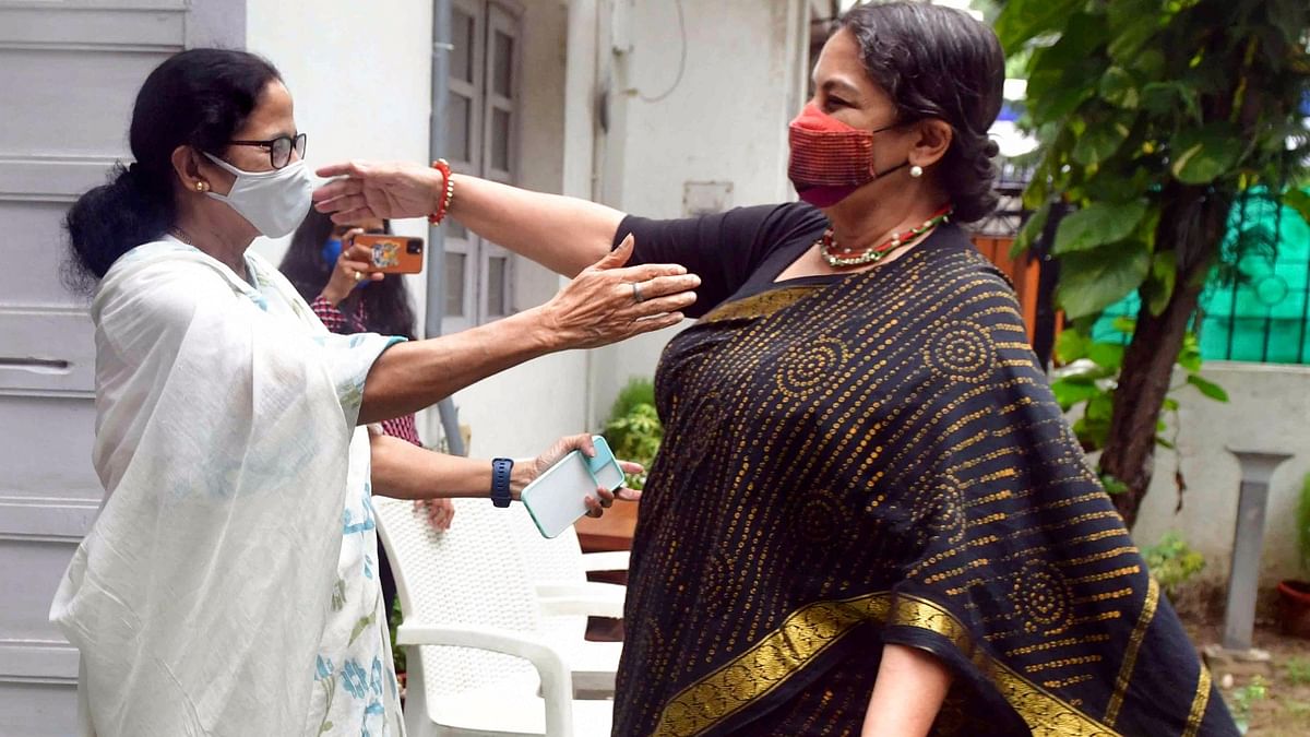 West Bengal CM Mamata Banerjee greets actress and social activist Shabana Azmi in New Delhi. Credit: PTI Photo