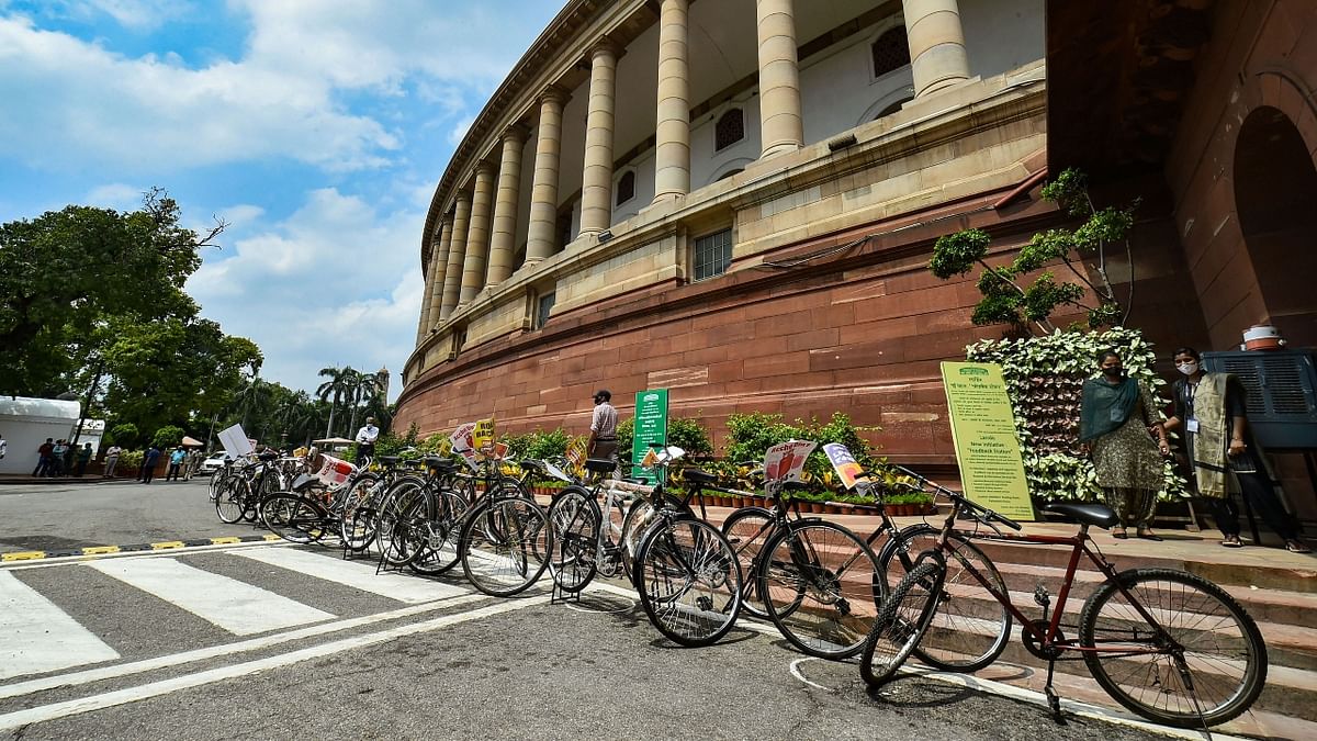 Bicycles parked at the Parliament premises in a protest demanding roll-back of hike in fuel prices, in New Delhi. Credit: PTI Photo