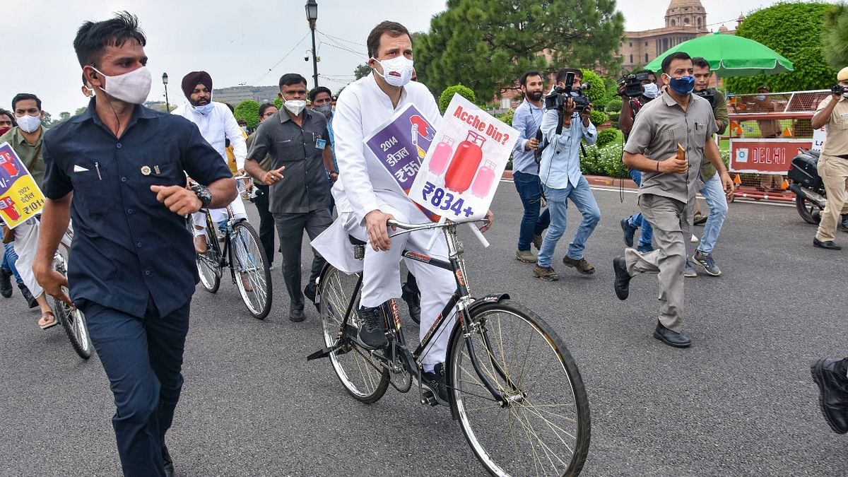 Rahul Gandhi rides bicycle to Parliament to protest against fuel hike; see pics