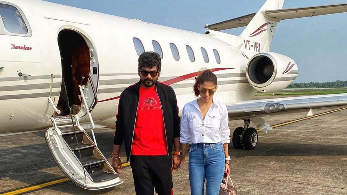 Celebrity couple Nayanthara and Vignesh Shivan are frequently seen taking Chennai-Hyderabad and Chennai-Kochi trips in a private jet. Nayanthara has recently reportedly bought a private jet for her personal use. Credit: Instagram/wikkiofficial