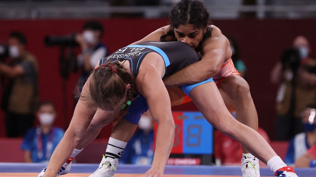 Even when Vinesh got behind Vansea, she could not push her down on the knees from a favourable position with the Belarusian showing immense strength to keep her legs straight. Credit: AFP Photo