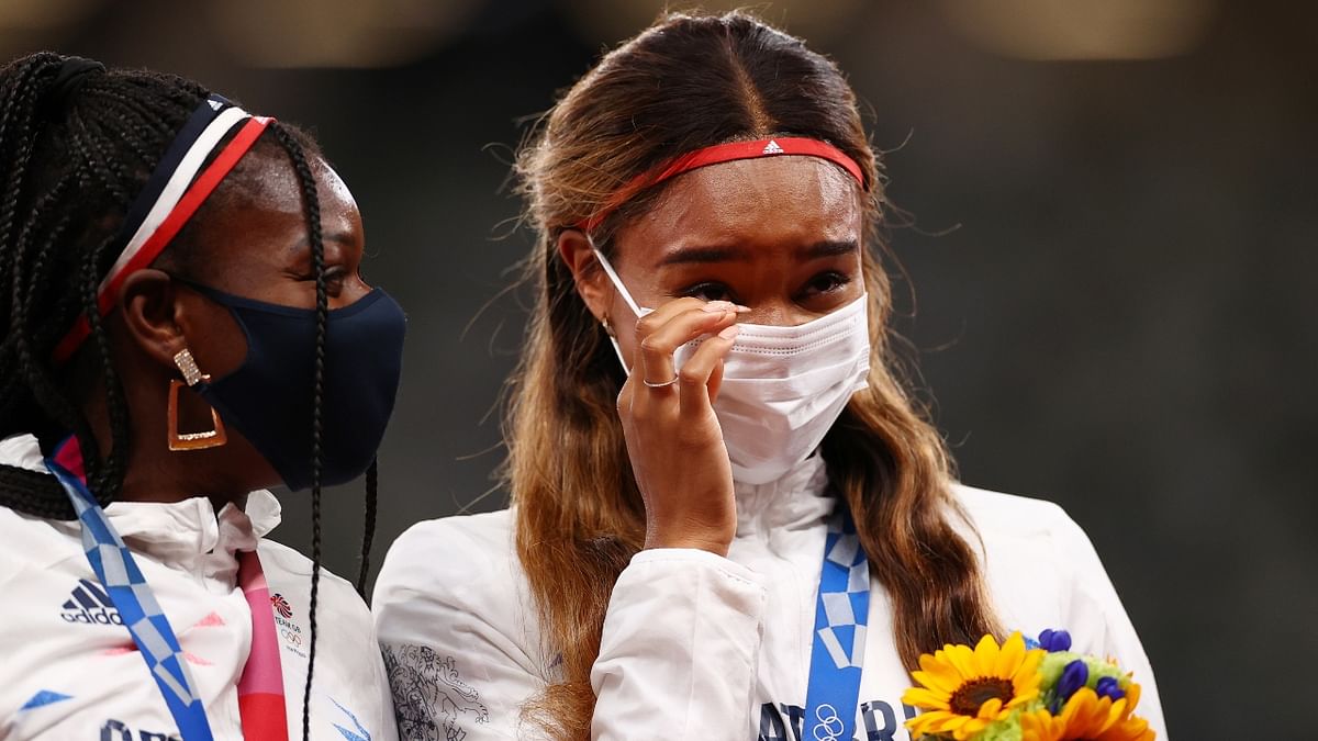 Britain's Asha Philip gets emotional on the podium after receiving bronze medal. Credit: Reuters Photo