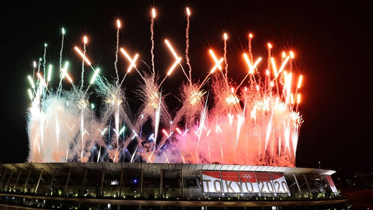 Fireworks go off around the Olympic Stadium during the closing ceremony of the Tokyo 2020 Olympic Games in Tokyo, Japan. Credit: AFP Photo