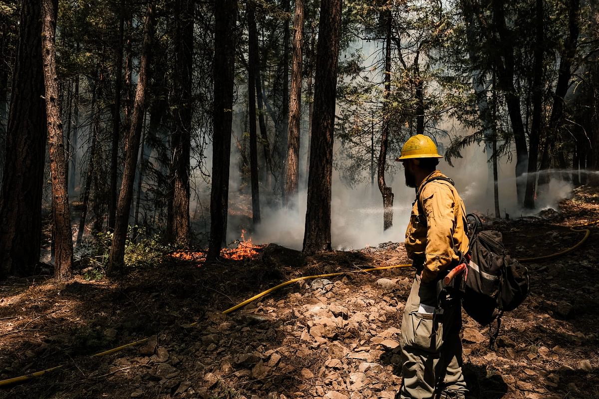 A firefighter employed by J. Franco Reforestation monitors a control burn, a preventative measure to protect a home located on North Valley Road. Credit: AFP Photo