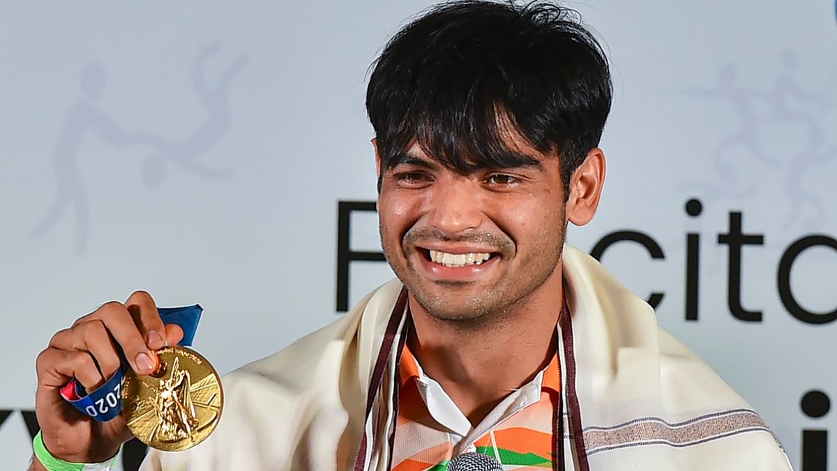 Gold medal winning javelin thrower Neeraj Chopra was the cynosure of all eyes in the ceremony. Credit: PTI Photo